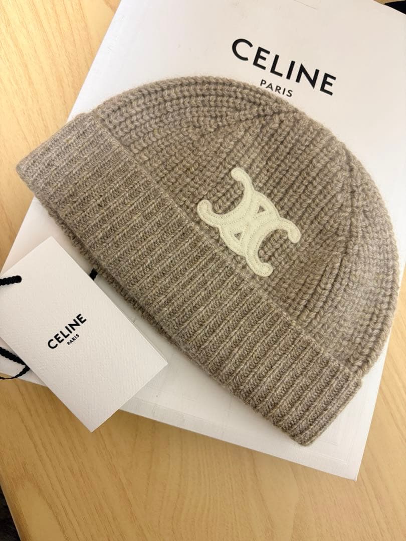 美品【セリーヌ CELINE】 トリオンフニット帽 /ベージュ
