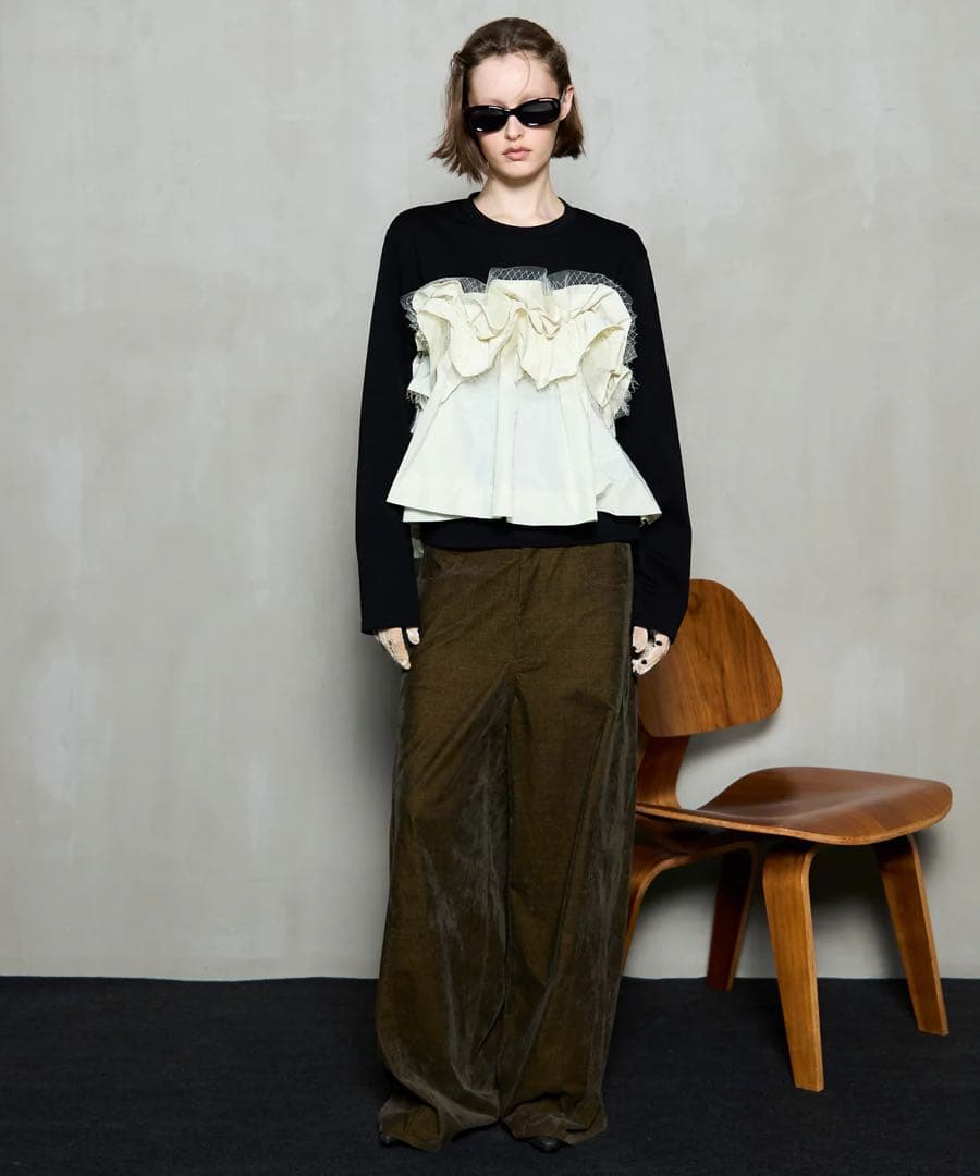 トップス Mixed Fabric Frill Tops