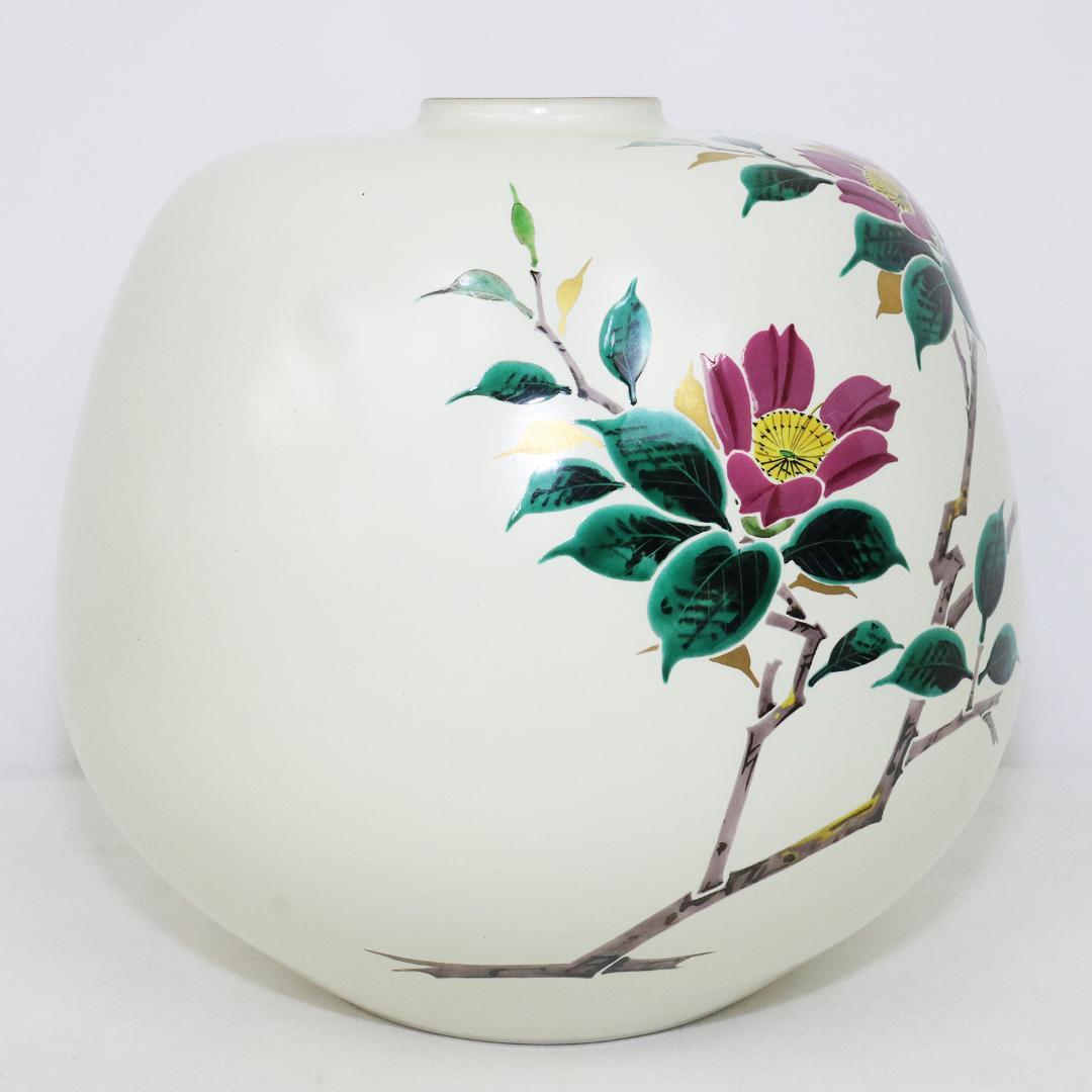 九谷焼 武腰敏昭 花入 山茶花の図 花器 共箱 共布