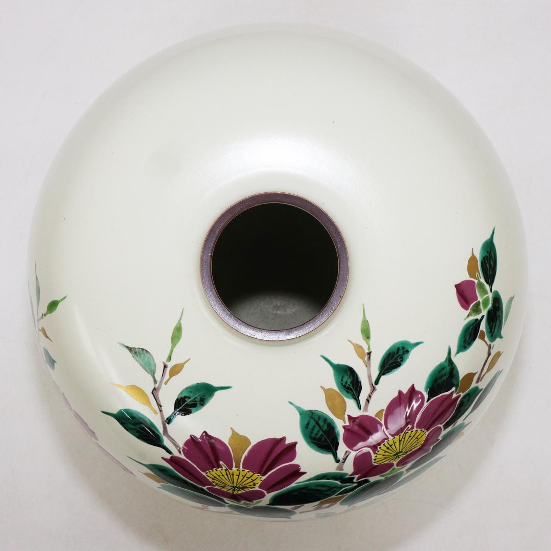 九谷焼 武腰敏昭 花入 山茶花の図 花器 共箱 共布