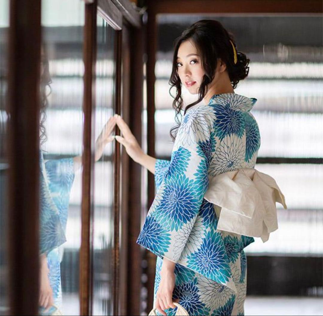 レディース 浴衣セット 浴衣3点セット（浴衣＋帯+下駄）ブルー丸菊　単衣帯