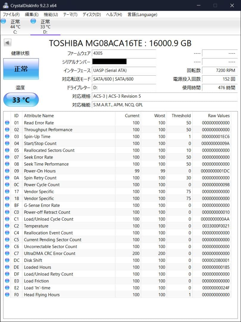 東芝 16TB 3.5インチHDD MG08ACA16TE