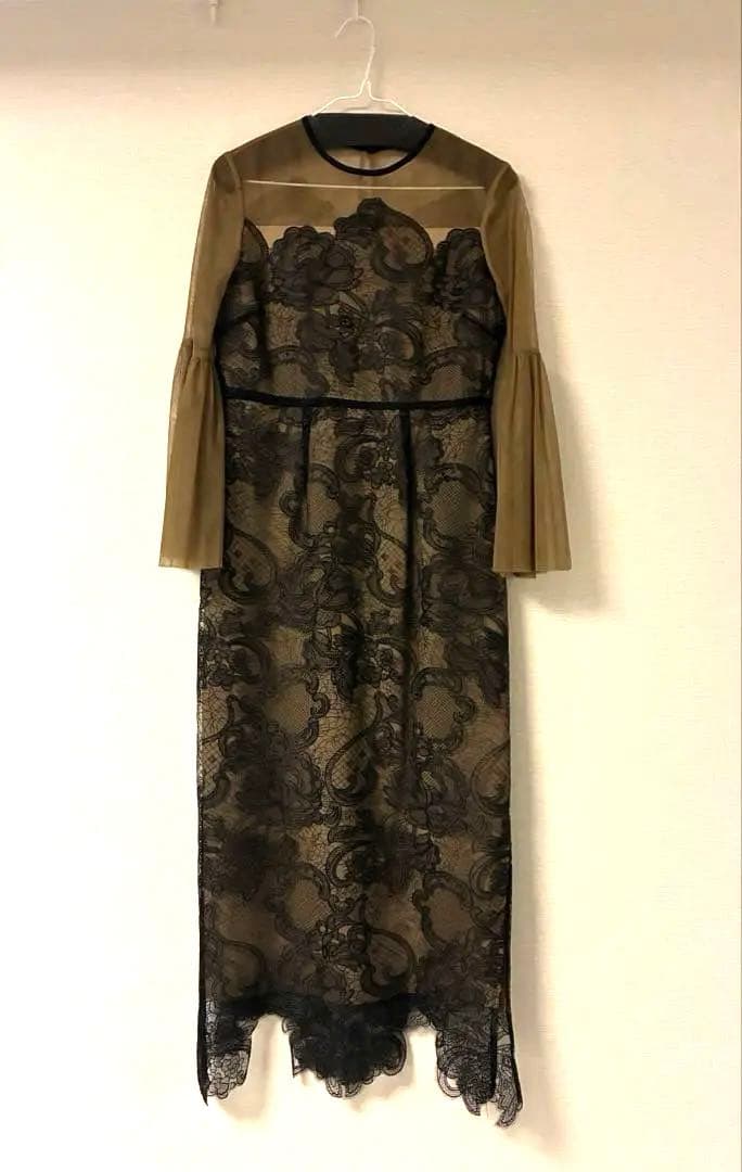 LEJA 異素材シアー刺繍レース透け感プリーツスリーブロング丈ドレスワンピースM