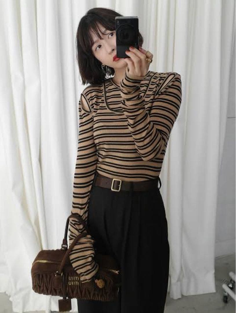 clane LAYERED SHOULDER CUT TOPS 1 ボーダー