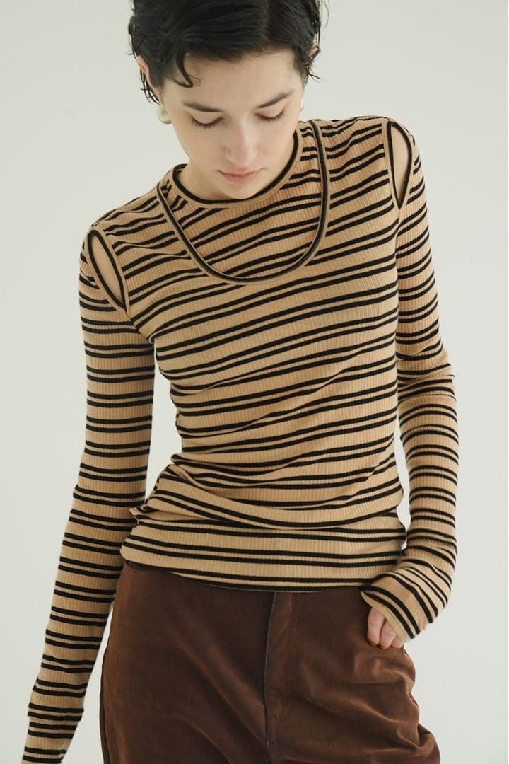 clane LAYERED SHOULDER CUT TOPS 1 ボーダー