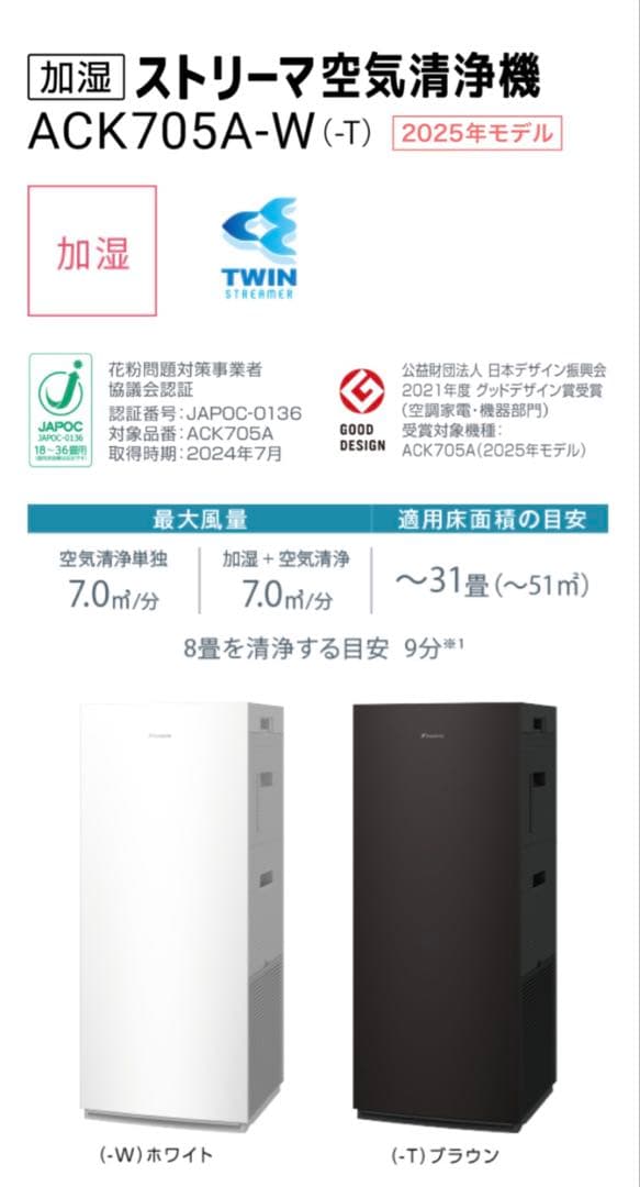 ダイキン　加湿ストリーマ空気清浄機ACK705A-W ホワイト