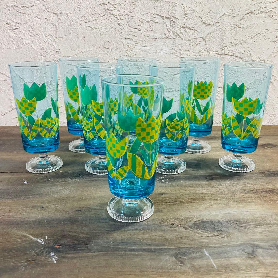 昭和レトロ 激レア アデリア脚付グラス 8脚 花柄 ADERIA ビンテージ