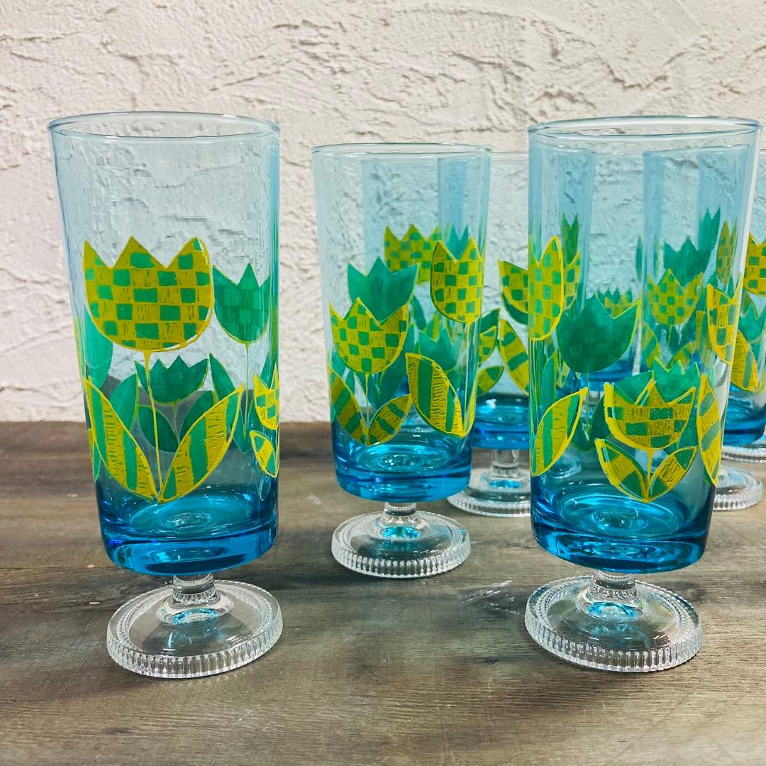 昭和レトロ 激レア アデリア脚付グラス 8脚 花柄 ADERIA ビンテージ