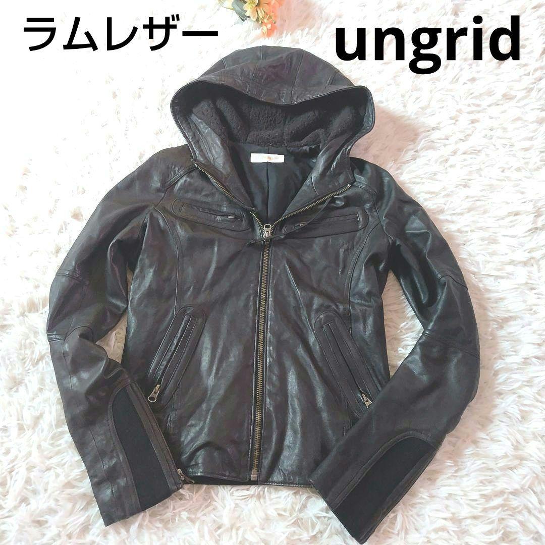 ungrid ラムレザー　フード付レザージャケット　黒ブラック　羊革