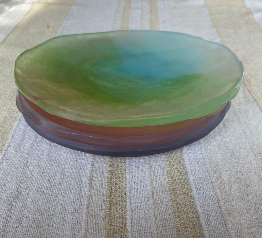 北一硝子アンティーク希少グラデーションカラーオーバル型プレート4枚セット