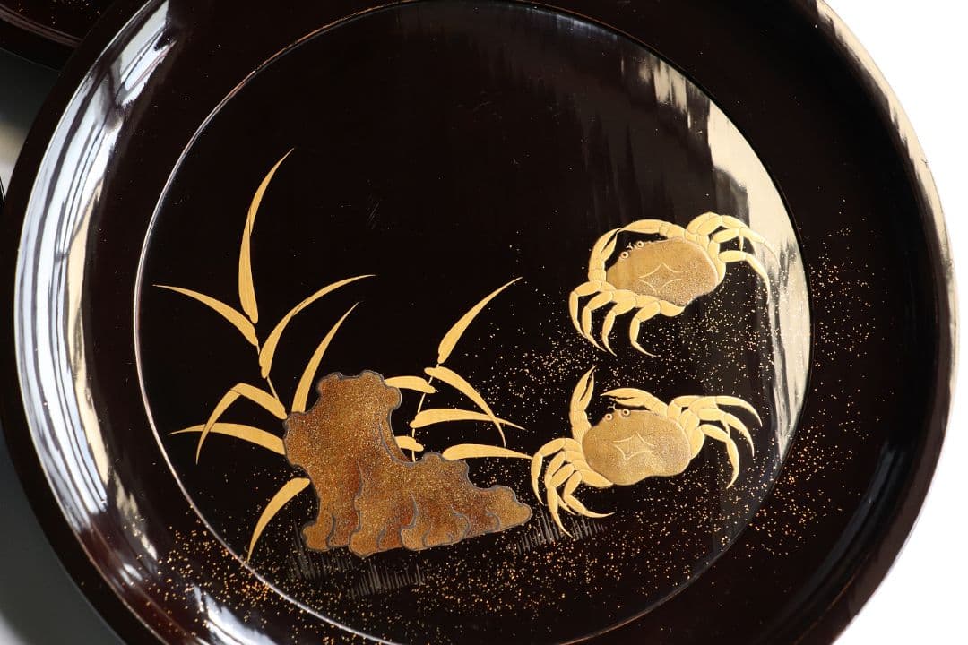 CK91 木製漆器 蟹蘆金蒔絵 黒塗 大徳寺盆 五客 24.5cm 木皿 菓子盆