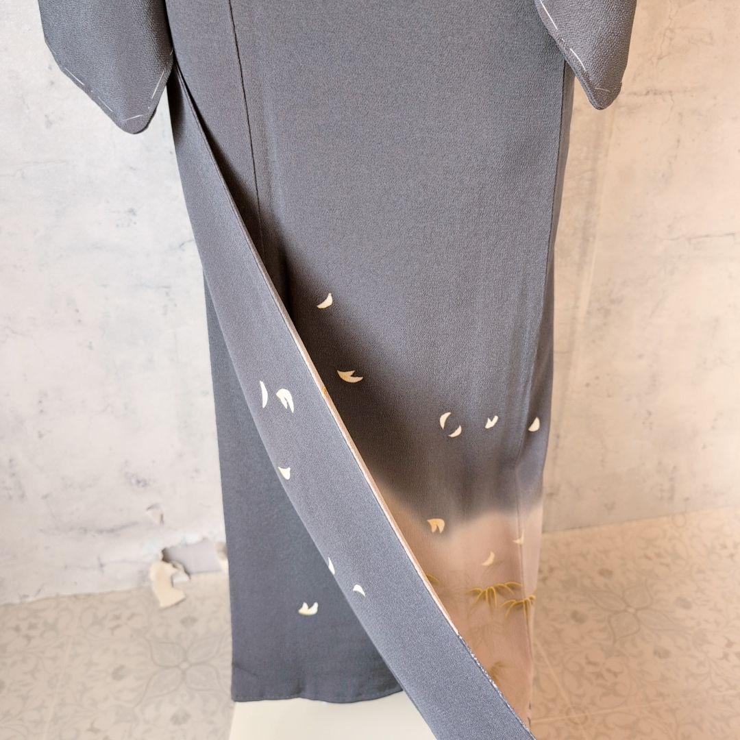 訪問着単品　着物　正絹　墨黒グレー　竹林　竹藪　クール　F1