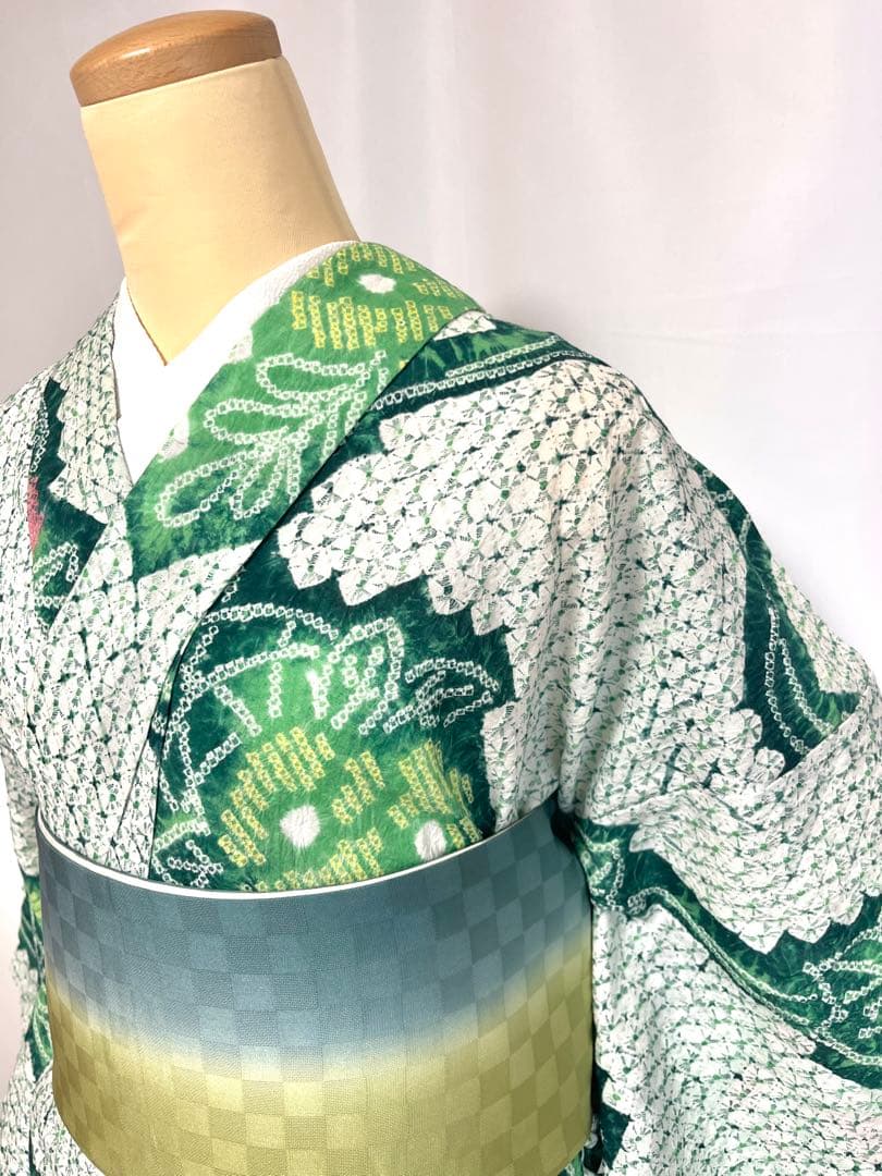 【美おり】YK52002 浴衣 有松絞り 浴衣 花柄 みどり色 トールサイズ