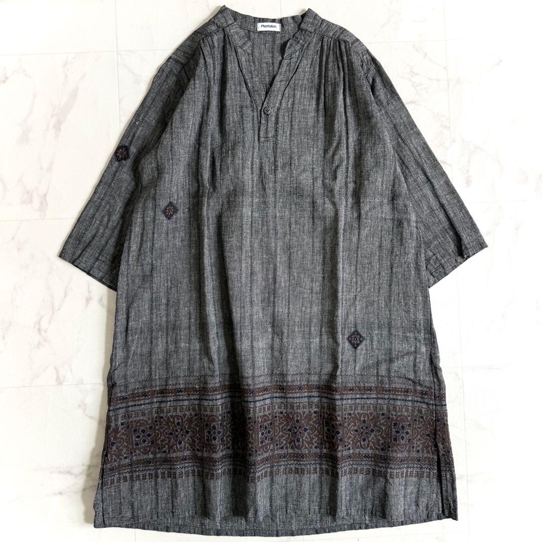 フォロー割☆プランテーション コットンリネン刺繍チュニックワンピース 七分袖