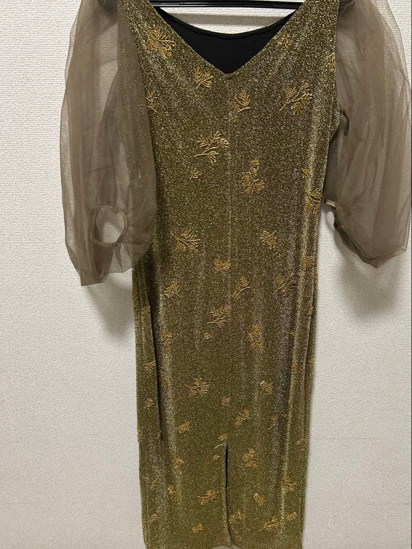 【LEJA】シアーパフスリーブグリッターIラインドレスワンピース