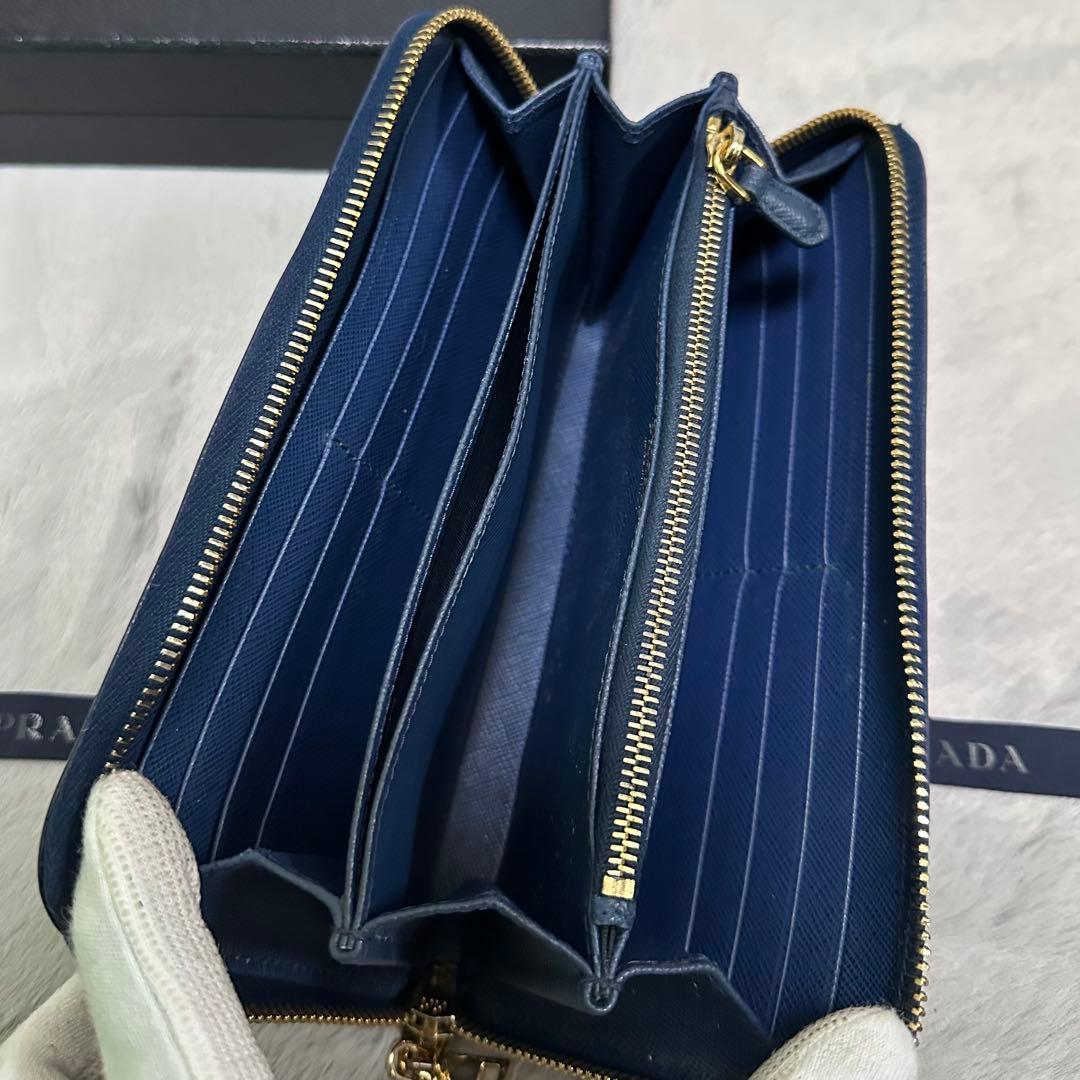 PRADA プラダ　長財布　ラウンドジップ　リボン　ブルー　ゴールドロゴ
