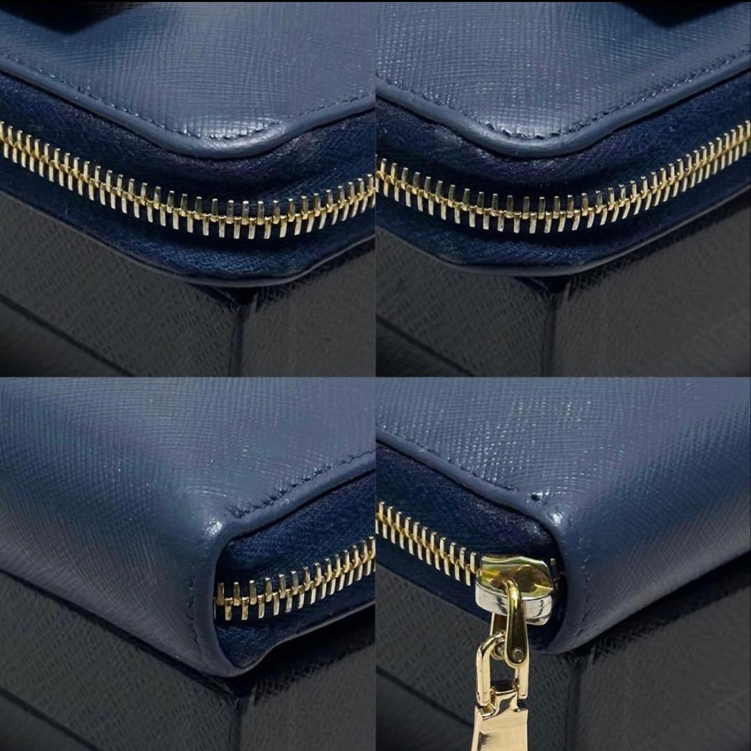 PRADA プラダ　長財布　ラウンドジップ　リボン　ブルー　ゴールドロゴ
