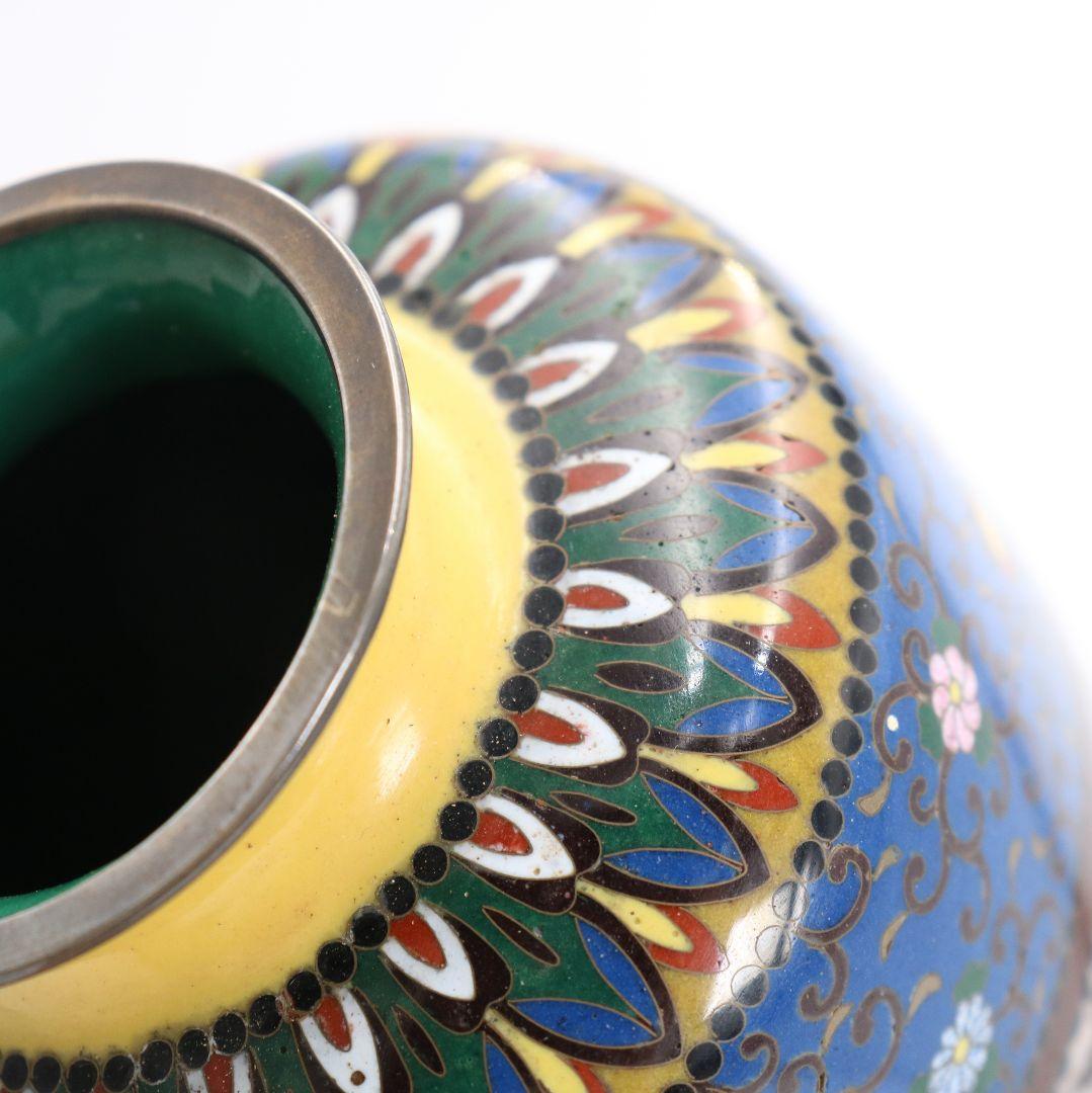 七宝焼 銀覆輪 唐草鳳凰龍図 花瓶 純銀刻印 唐木台座　V505　DC2