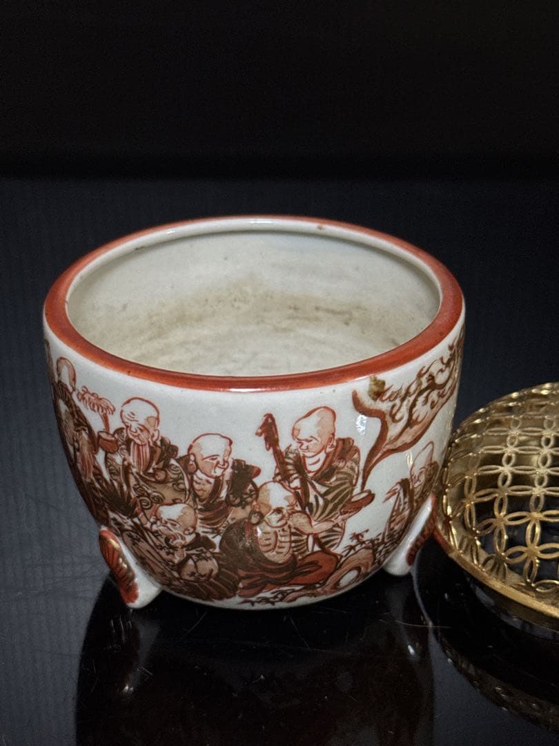 時代 湖東焼 金蘭赤絵 十六人坊主図 香炉