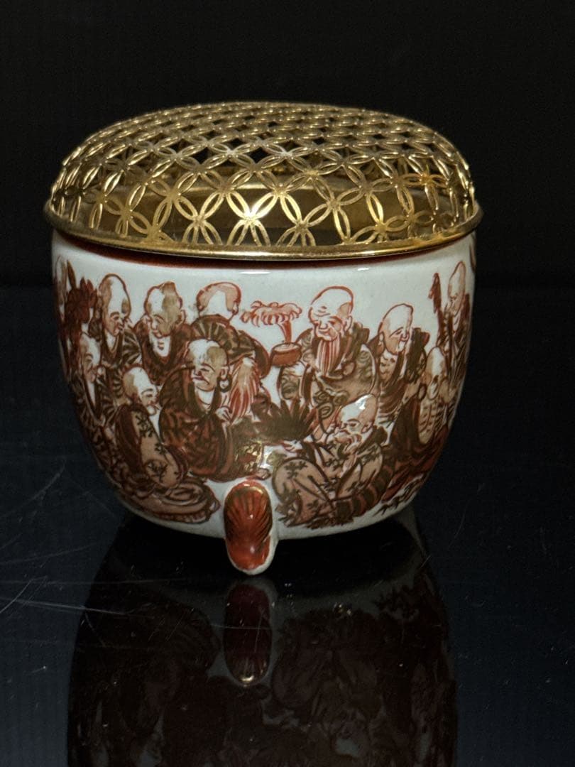 時代 湖東焼 金蘭赤絵 十六人坊主図 香炉