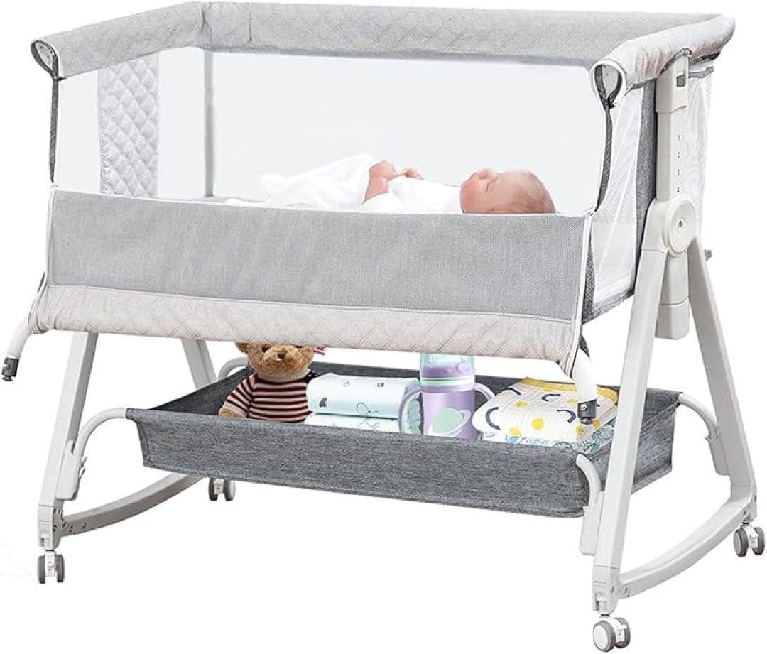 ベビーベッド 添い寝ベッド グレー 高さ6段階調節可能 キャスター付き 通気性