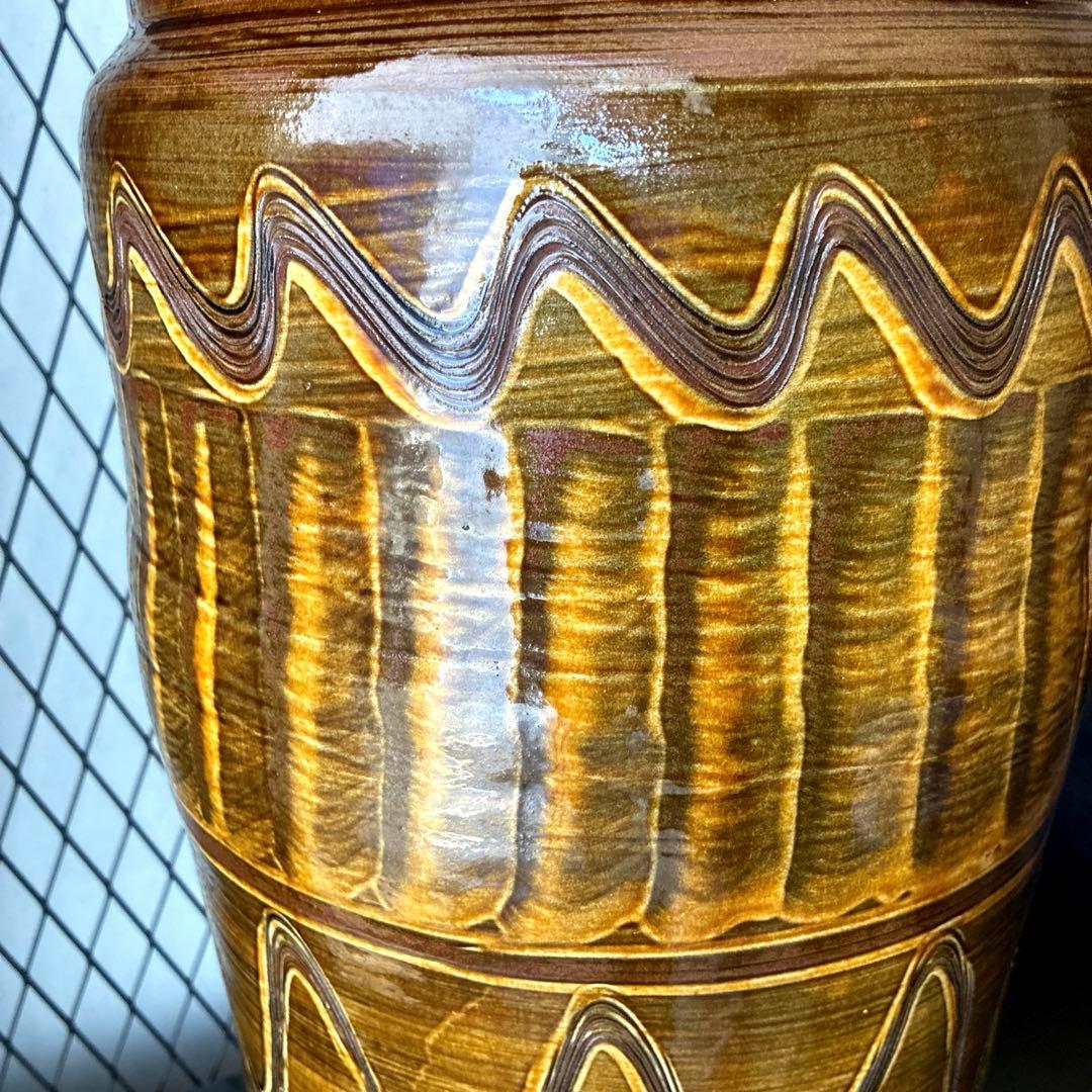 小鹿田焼　傘立て　高さ45㎝　櫛描き　刷毛目　飴　民藝