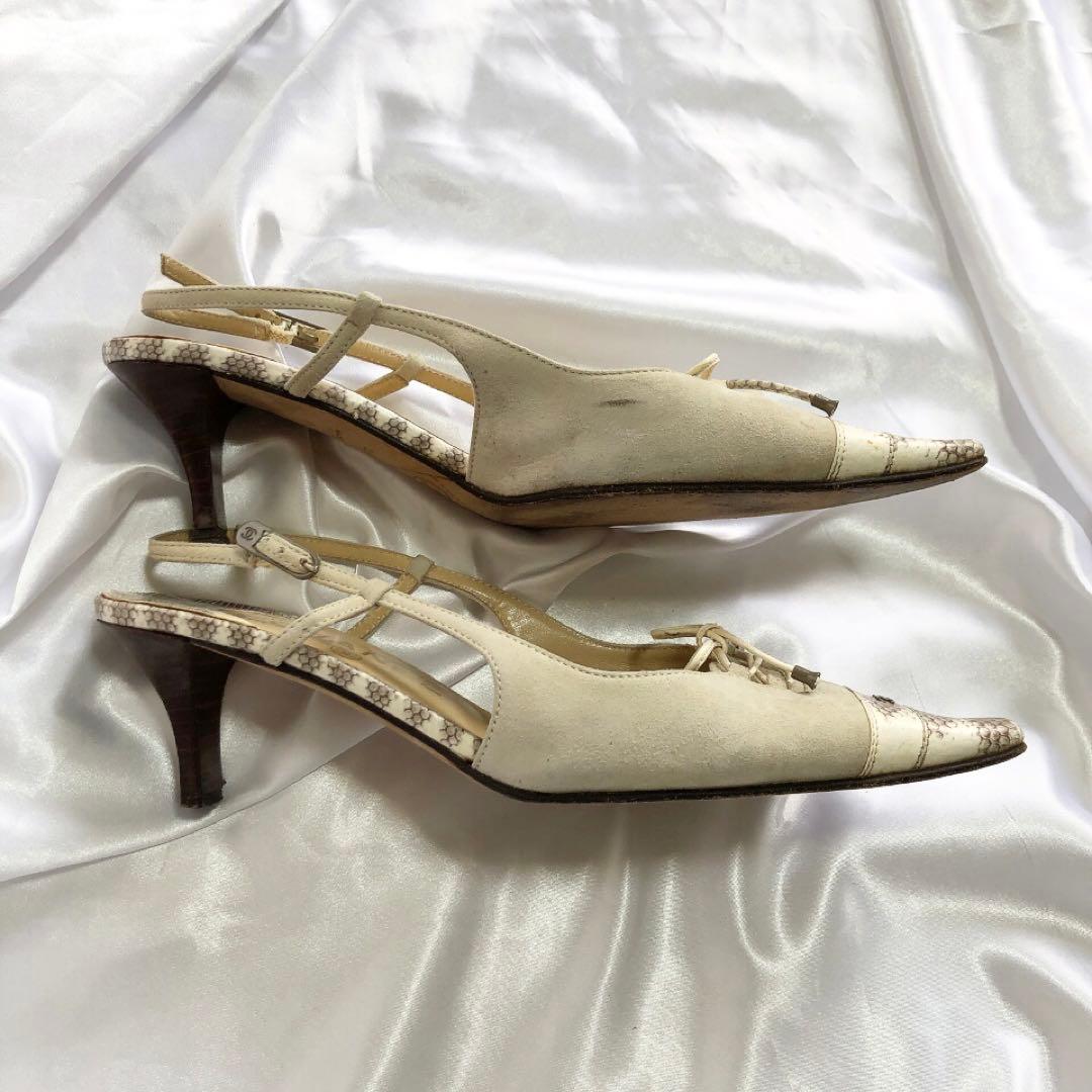 CHANEL シャネル　ミュール　パイソン　リボン　ヒール　ココマーク