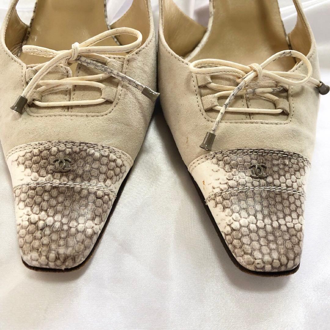 CHANEL シャネル　ミュール　パイソン　リボン　ヒール　ココマーク