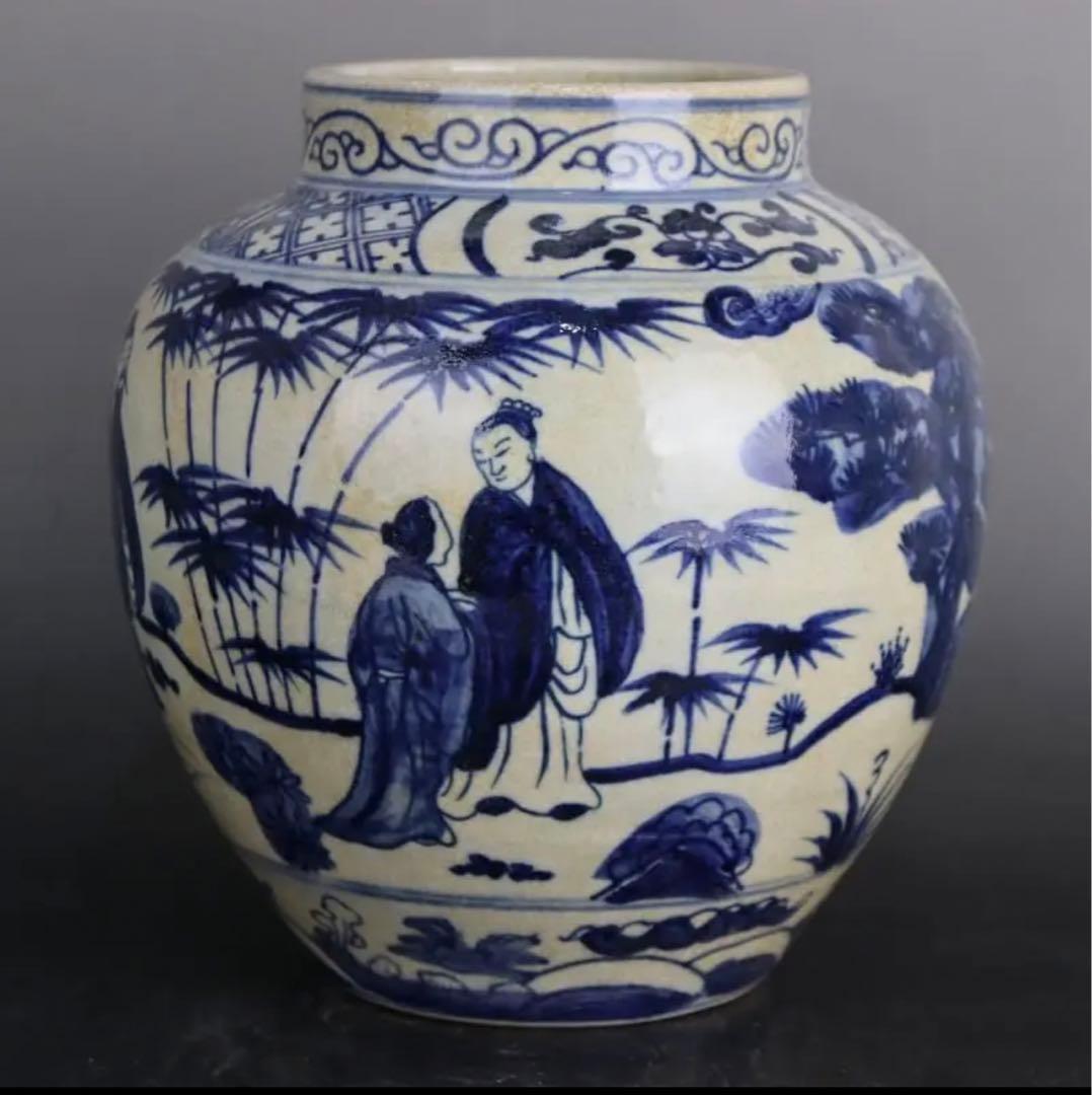 大明嘉靖年製 青花瓷 鯖竹林七賢人物缶陶磁器 美術品 置物 y605