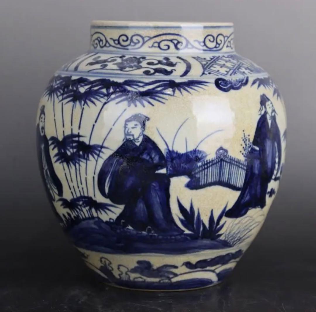 大明嘉靖年製 青花瓷 鯖竹林七賢人物缶陶磁器 美術品 置物 y605