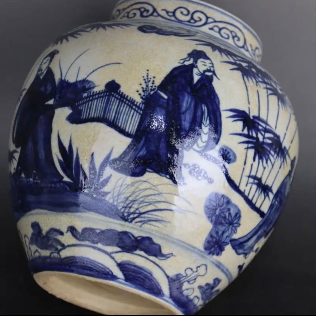 大明嘉靖年製 青花瓷 鯖竹林七賢人物缶陶磁器 美術品 置物 y605