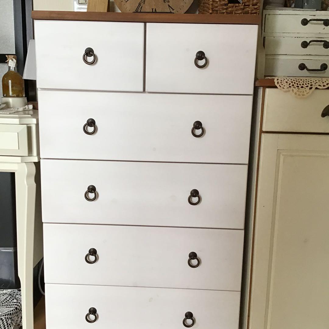 フレンチカントリー ホワイト木製チェスト 6引き出し 5段 ツートン