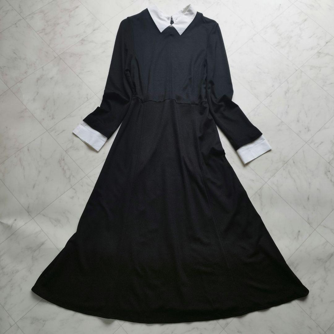 美品　ノーリーズ　38 白襟ロングワンピース　Aライン ストレッチ　黒