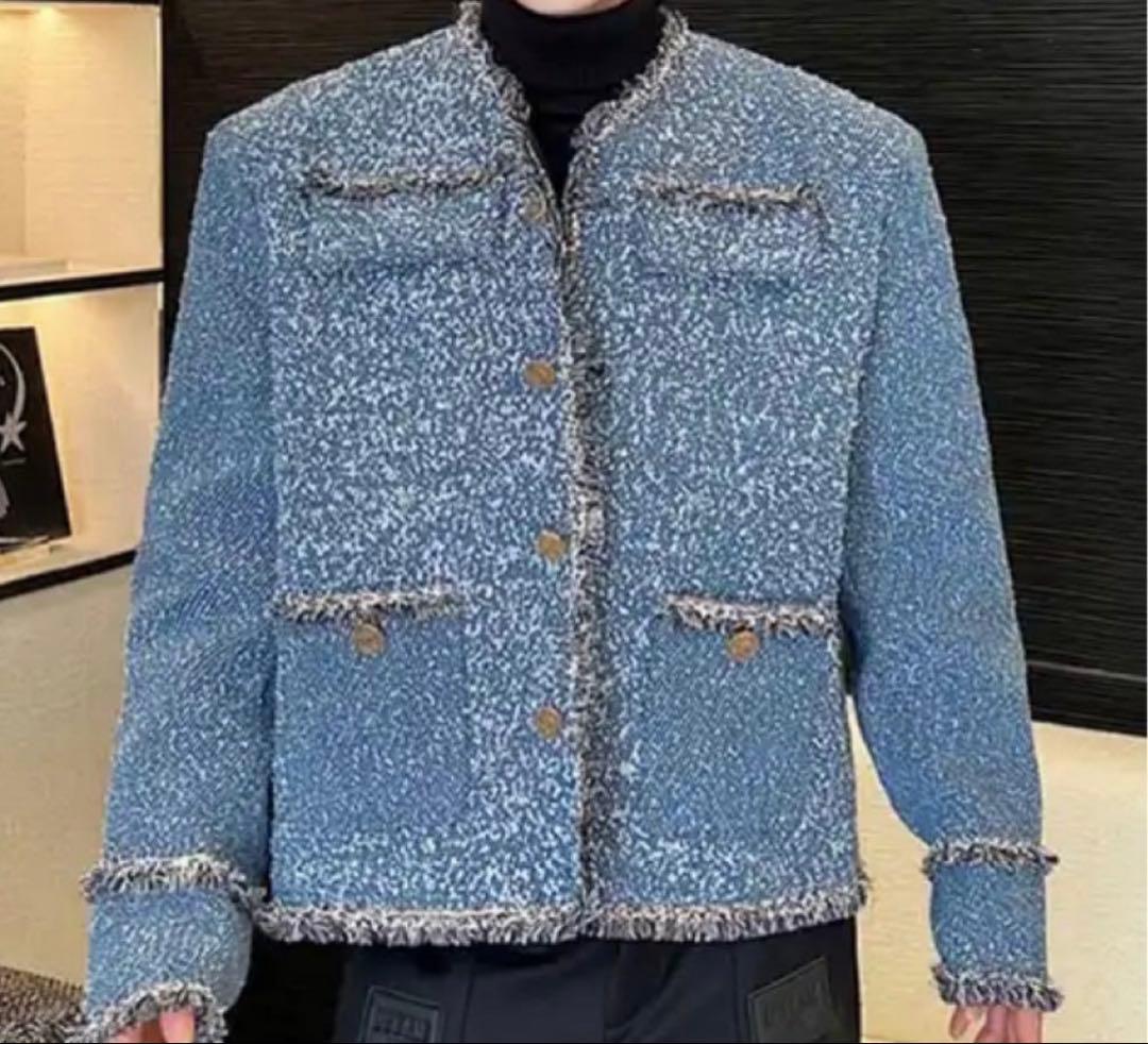 韓国風 メンズ デザインブルーツイードジャケットalude