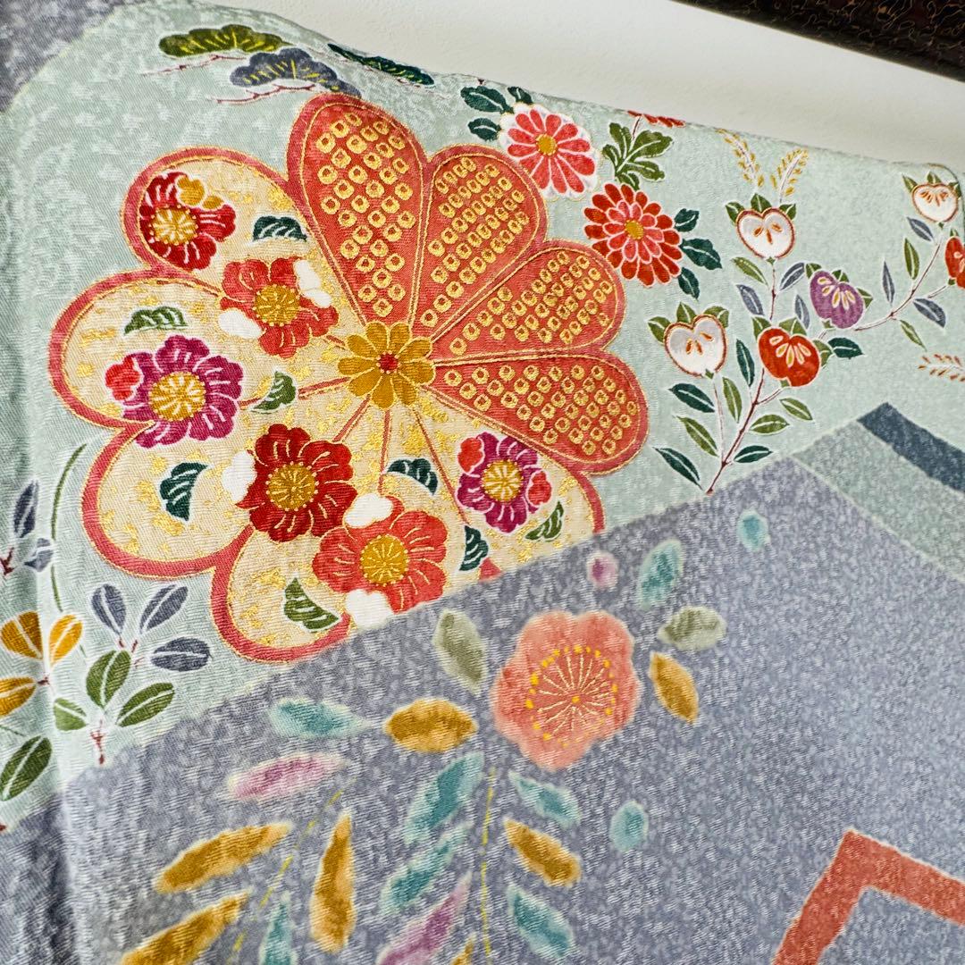 超美品　正絹　現代　訪問着　着物　膨れ織　グレー　オレンジ　トール　174裄70