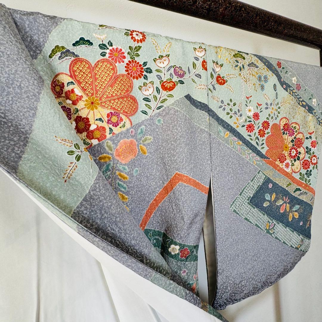 超美品　正絹　現代　訪問着　着物　膨れ織　グレー　オレンジ　トール　174裄70