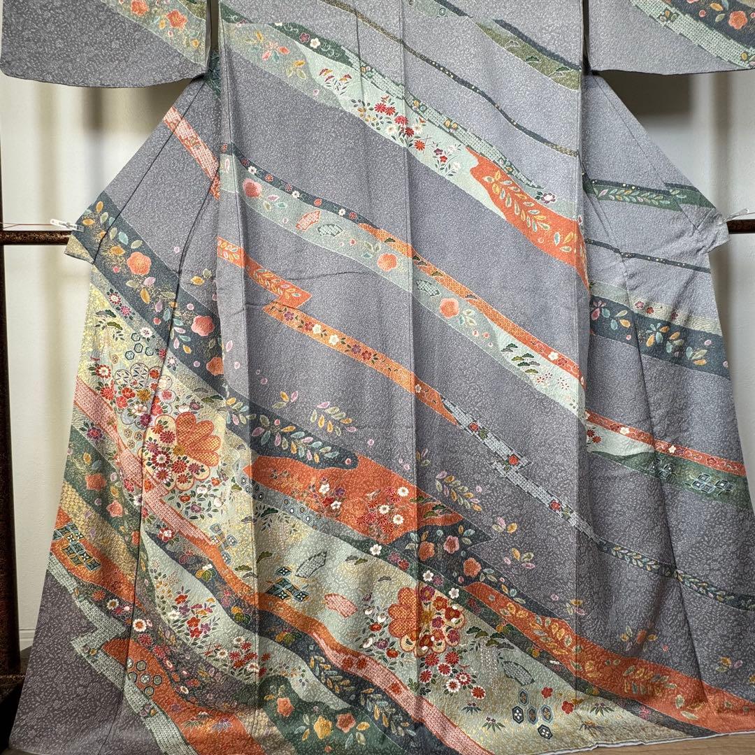 超美品　正絹　現代　訪問着　着物　膨れ織　グレー　オレンジ　トール　174裄70
