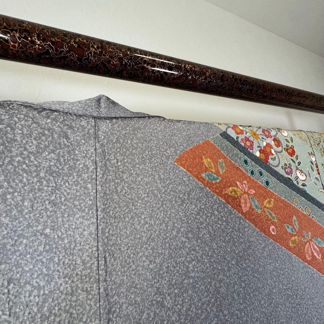 超美品　正絹　現代　訪問着　着物　膨れ織　グレー　オレンジ　トール　174裄70