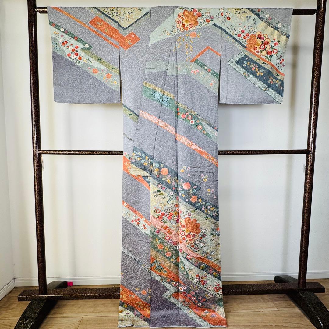 超美品　正絹　現代　訪問着　着物　膨れ織　グレー　オレンジ　トール　174裄70
