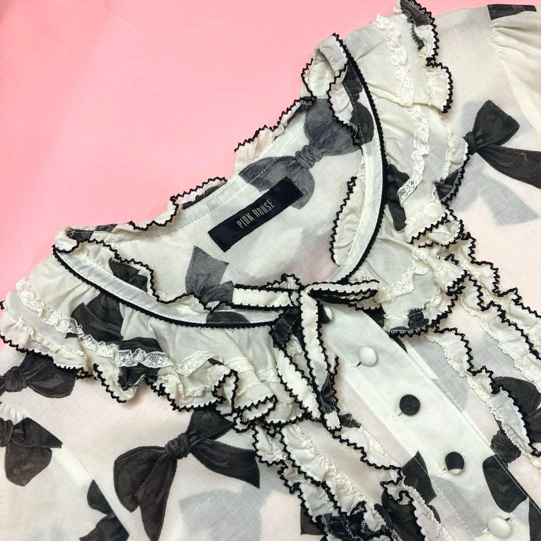 ピンクハウス アイボリー リボン柄 ピコフリル使い 豪華ワンピース/2023年