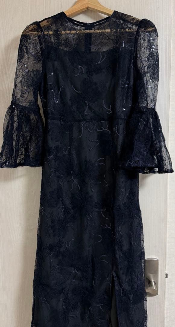 パーティドレス　結婚式　披露宴　スパンコール　レディース　S ネイビー