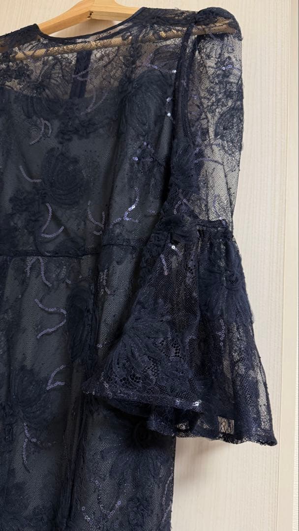 パーティドレス　結婚式　披露宴　スパンコール　レディース　S ネイビー