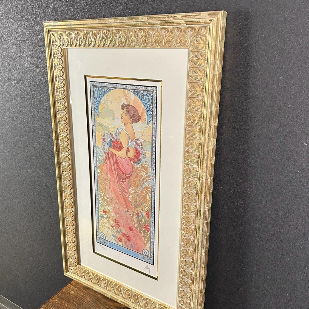 美品 アルフォンス・ミュシャ「四季・夏」リトグラフ 摺師サイン入り 豪華額装