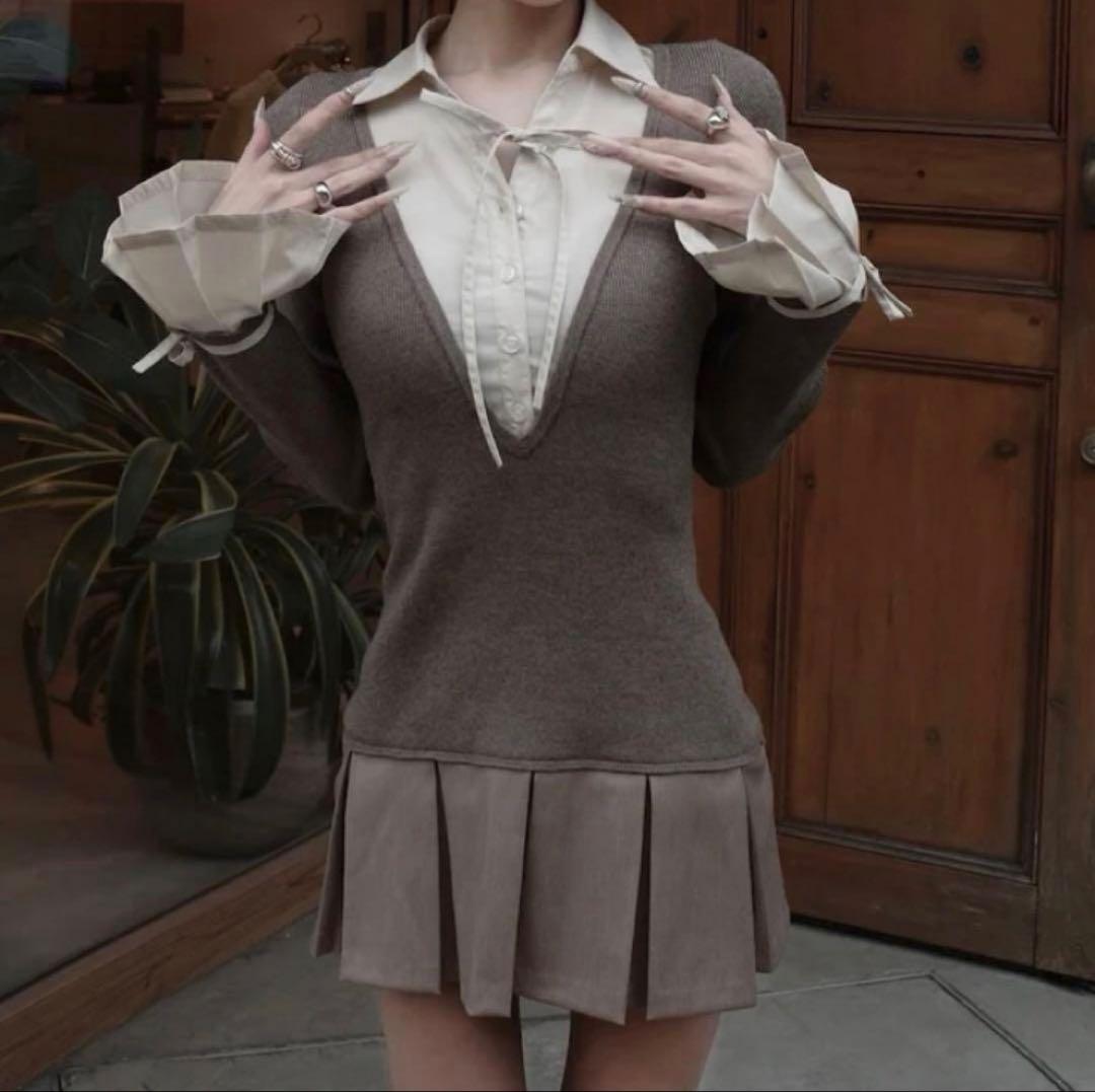 【早い者勝ち】Darich シャツドッキングプリーツミニワンピース MOC モカ