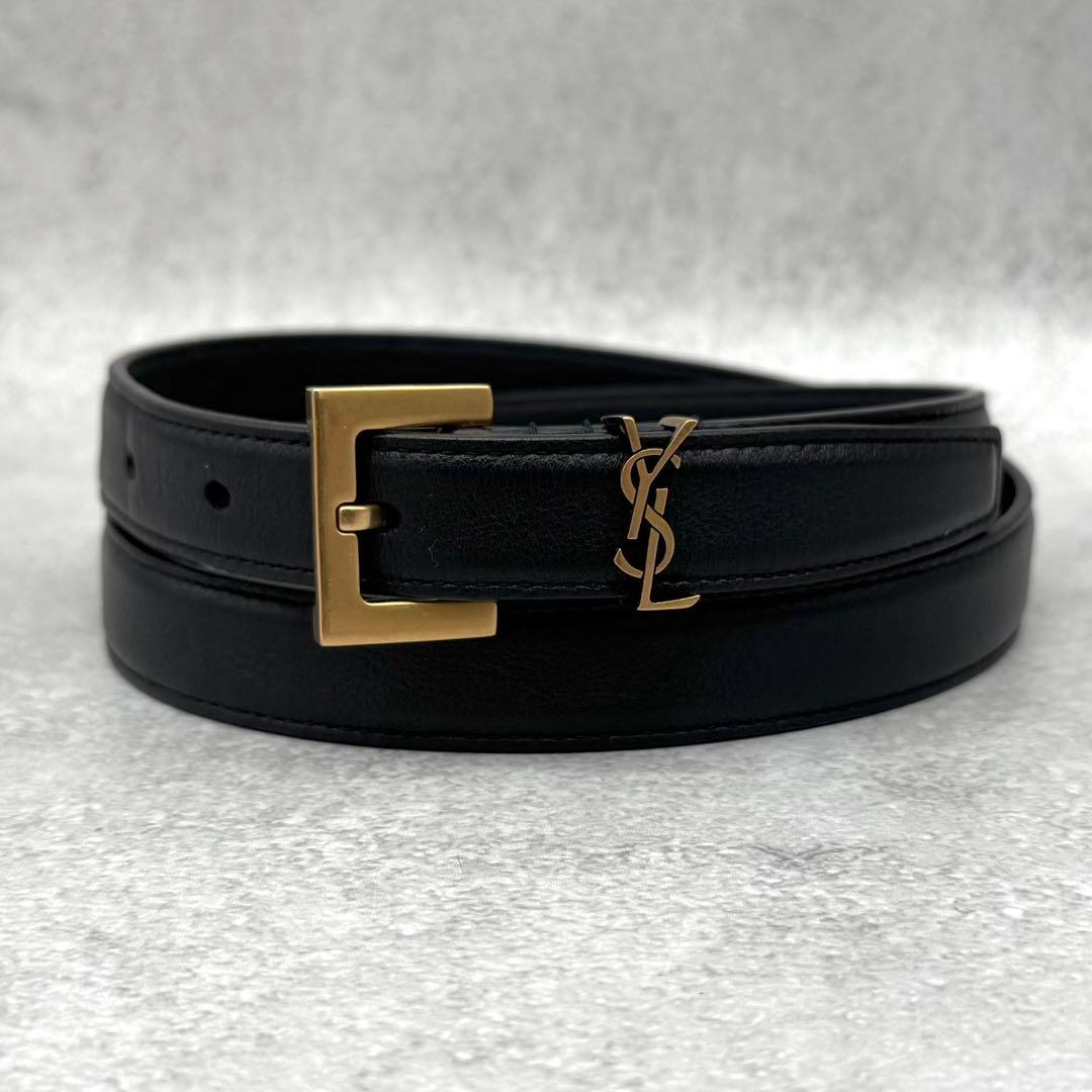 美品 サンローランパリ レザーベルト YSL ロゴデザイン ゴールド金具 黒