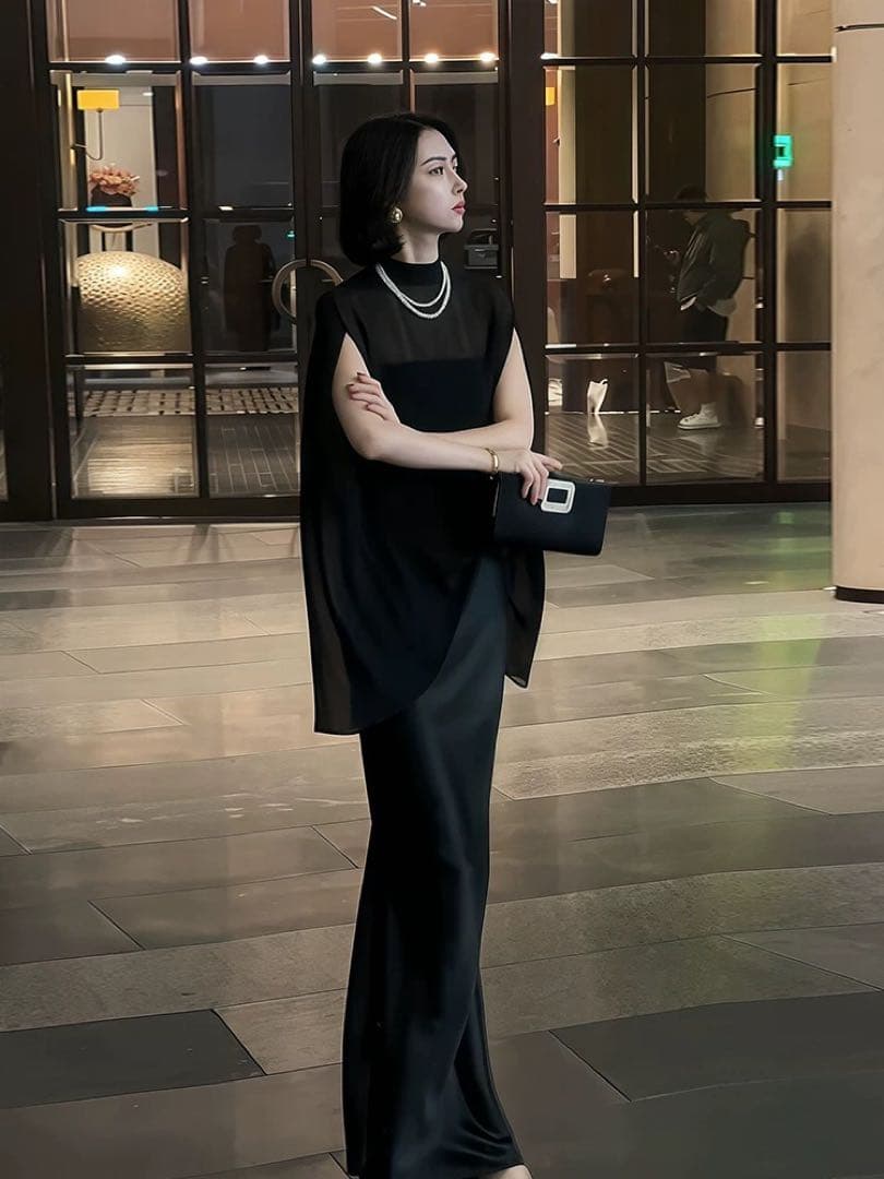 ケープドレス フォーマル シースルー ロング パーティー 結婚式 お呼ばれ