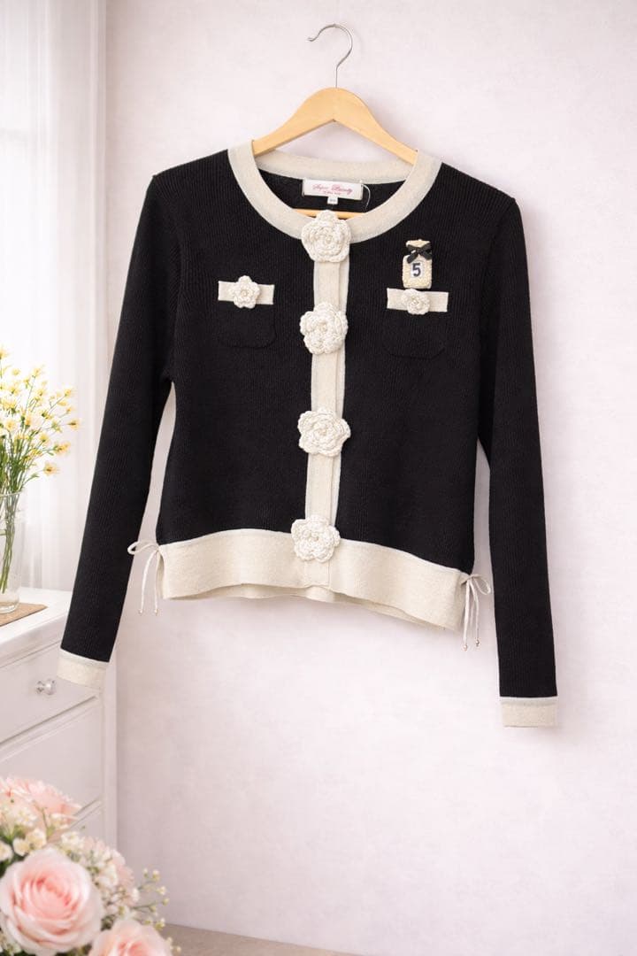 スーパービューティー❤︎ ラメ入り配色デザイン花モチーフニットアンサンブル44