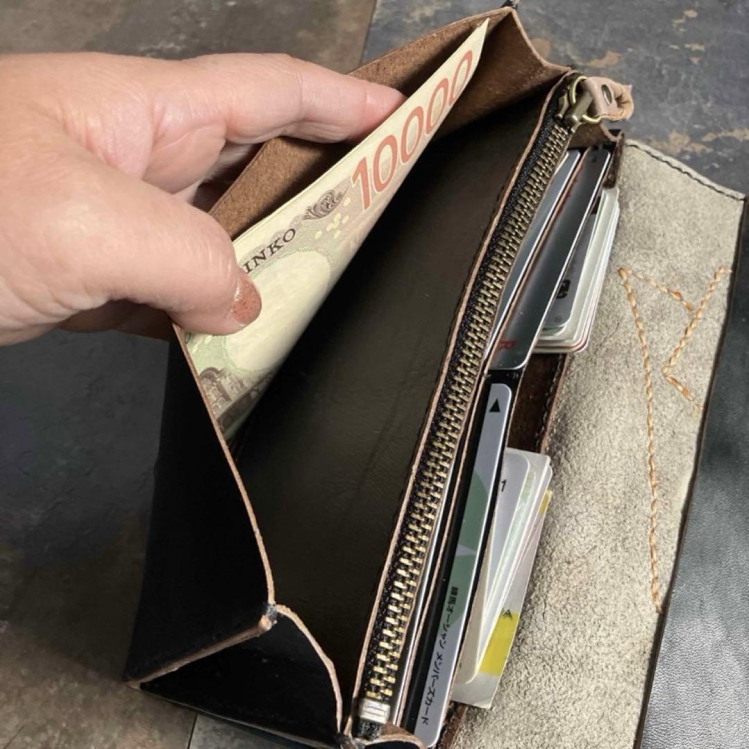 本革☆ハラコ長財布　ブラックヌメ革　革財布