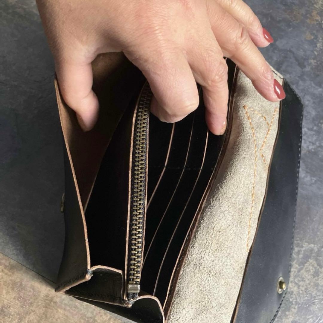 本革☆ハラコ長財布　ブラックヌメ革　革財布