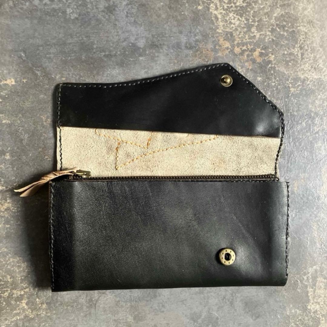 本革☆ハラコ長財布　ブラックヌメ革　革財布